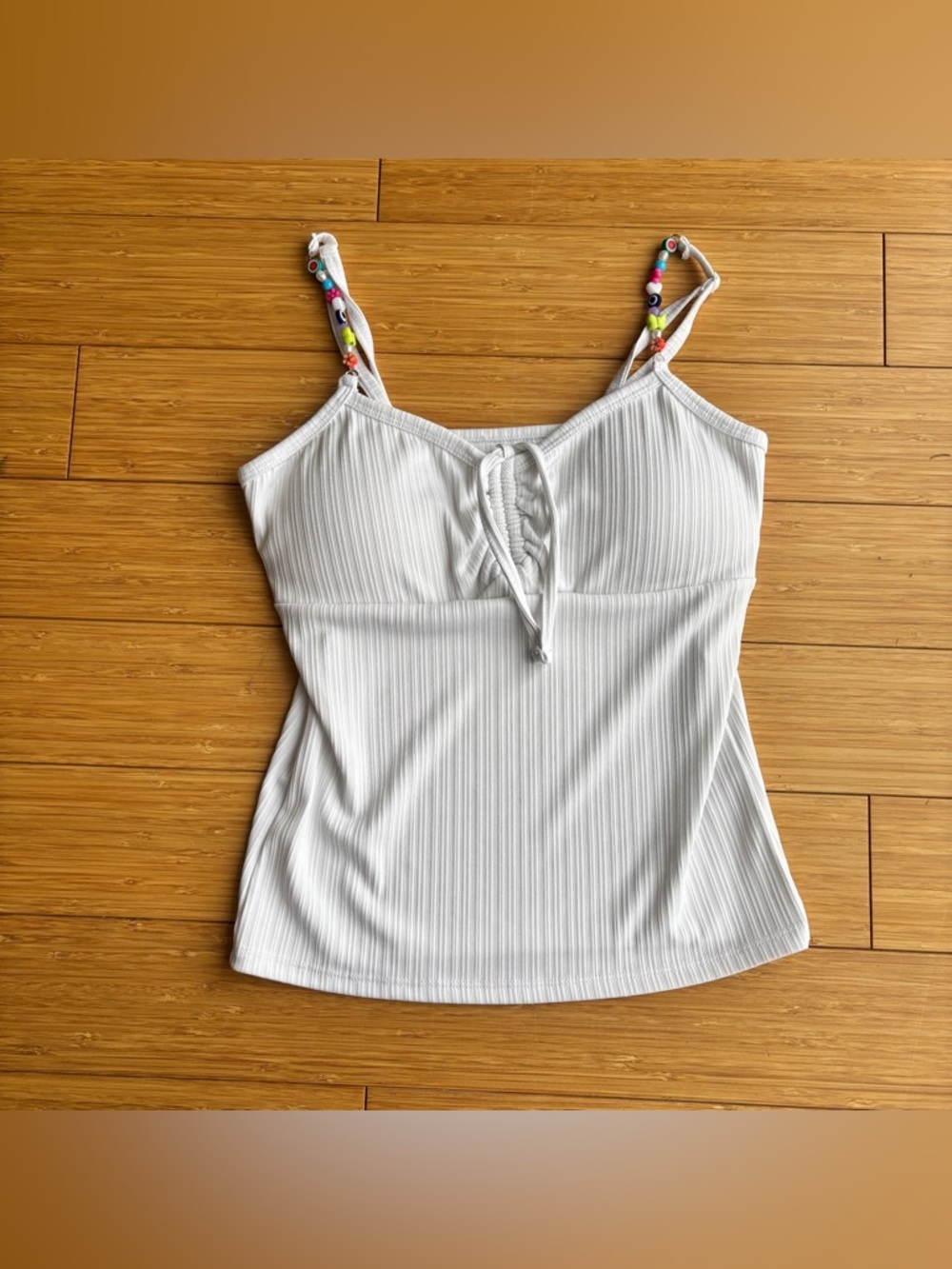 Y2K style bead strap white tank top
